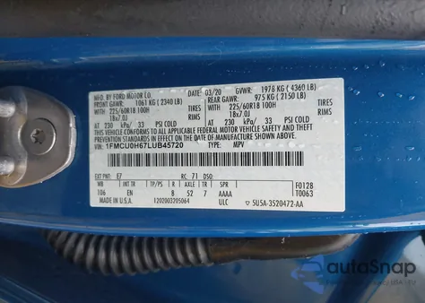 2020 Ford Escape Sel z USA, uszkodzony, nr VIN 1FMCU0H67LUB45720